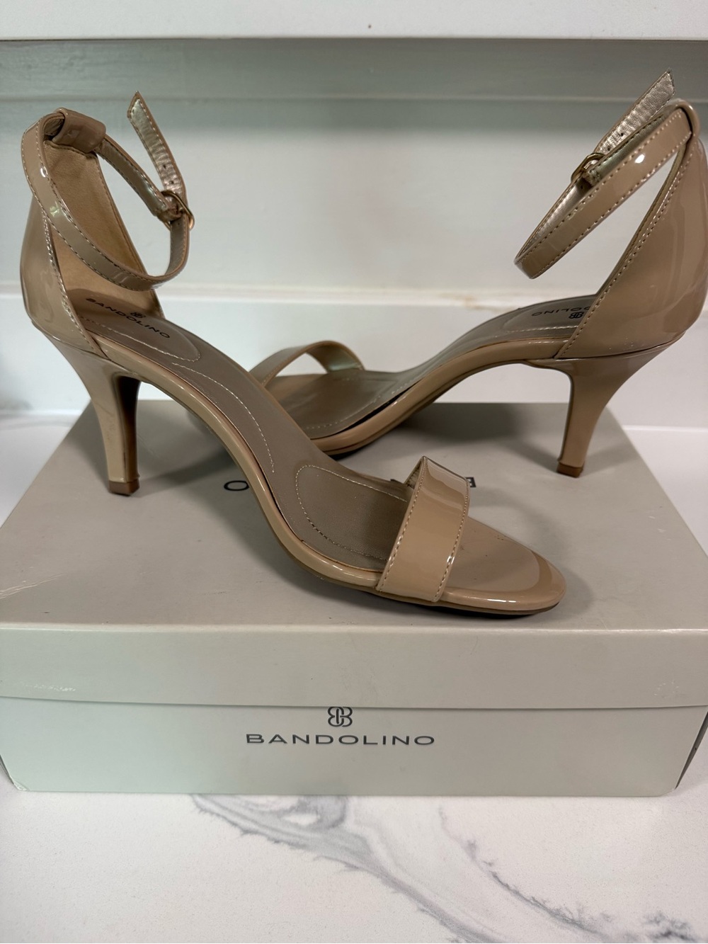 Bandolino Nude Patent Ankle-Strap Mid Heels